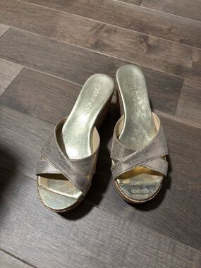 Jimmy Choo Metallic Taupe Crisscross Wedge Mules